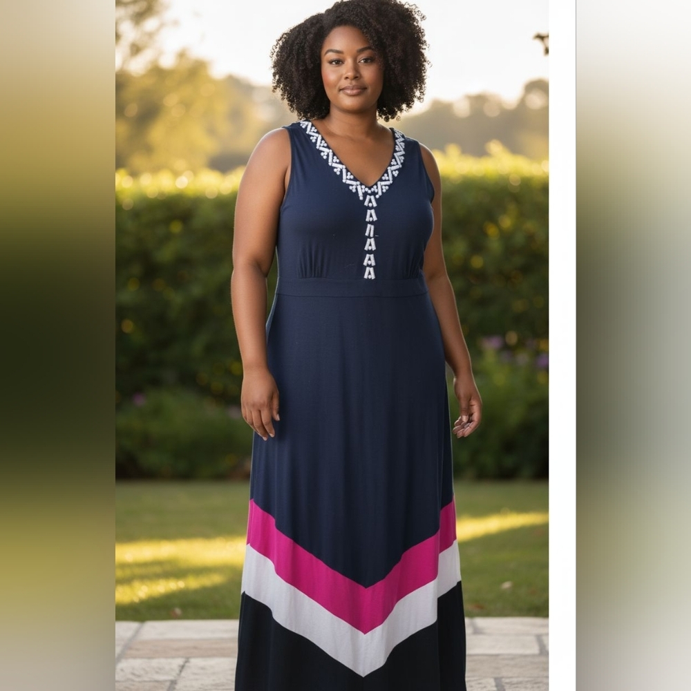 #19 Catherines Black, Pink, White  Stripe  Maxi Dress Size Cruise Wear Plus Sz